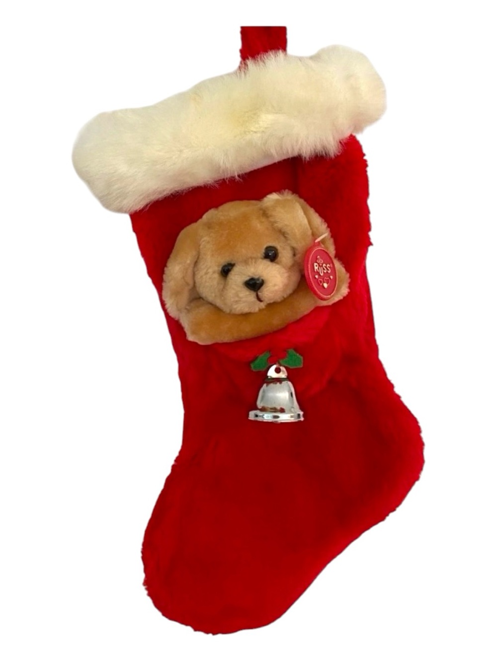 Vintage Russ Teddy Bear Peluche Christmas stocking Tag ringing bell gift VTG
